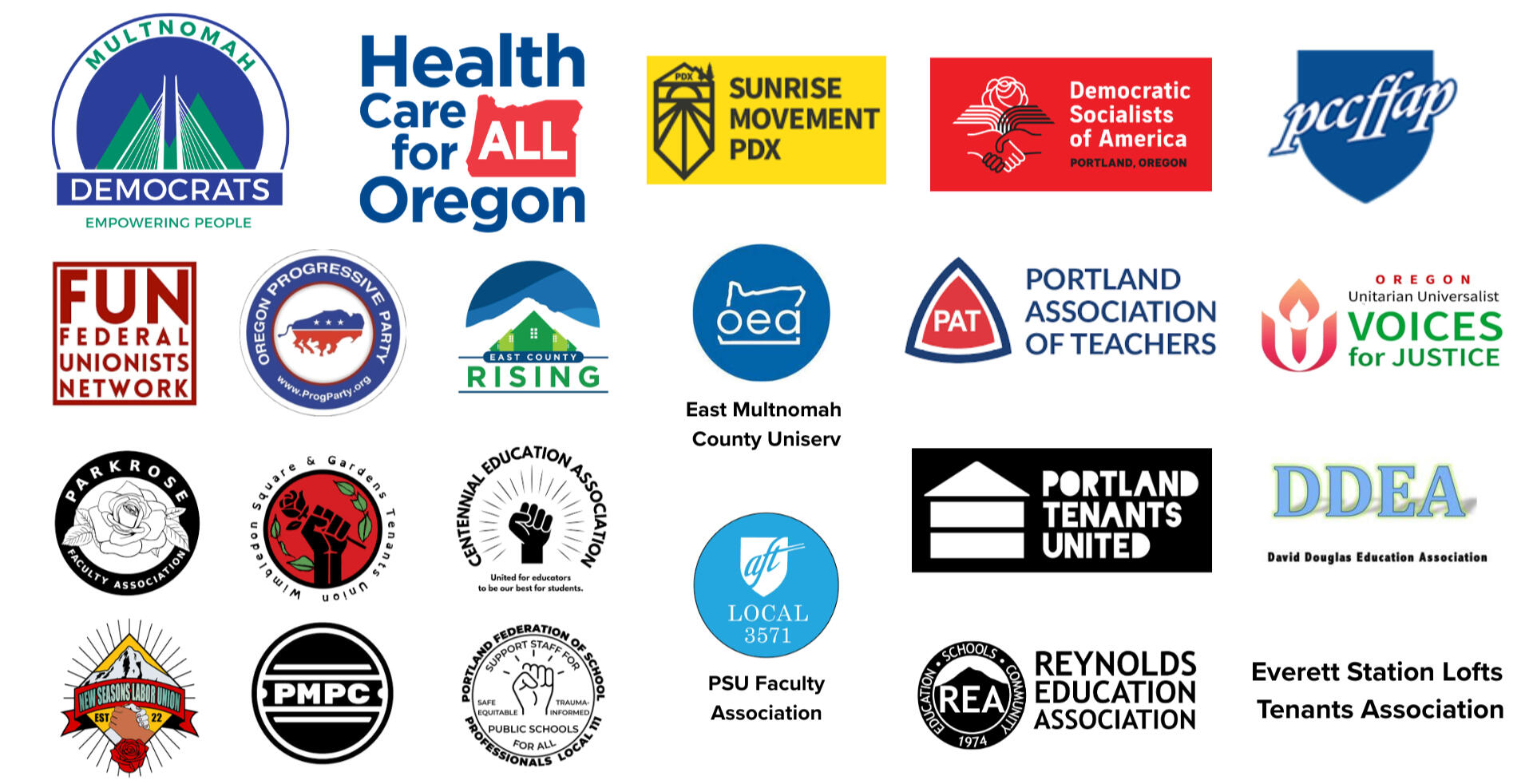 Organizations Logos for Multnomah Democrats, Health Care for All Oregon, Sunrise Movement PDX, Democratic Socialists of America, PCCFFAP, Federal Unionist Network, Oregon, Progressive Party, East County Rising, OEA East Multnomah County Uniserv, Portland Association of